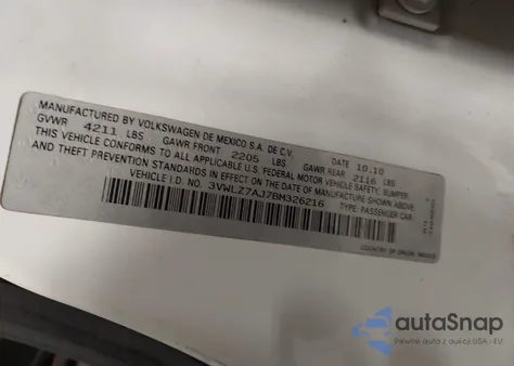 2011 Volkswagen Jetta 2.5L Sel z USA, uszkodzony, nr VIN 3VWLZ7AJ7BM326216